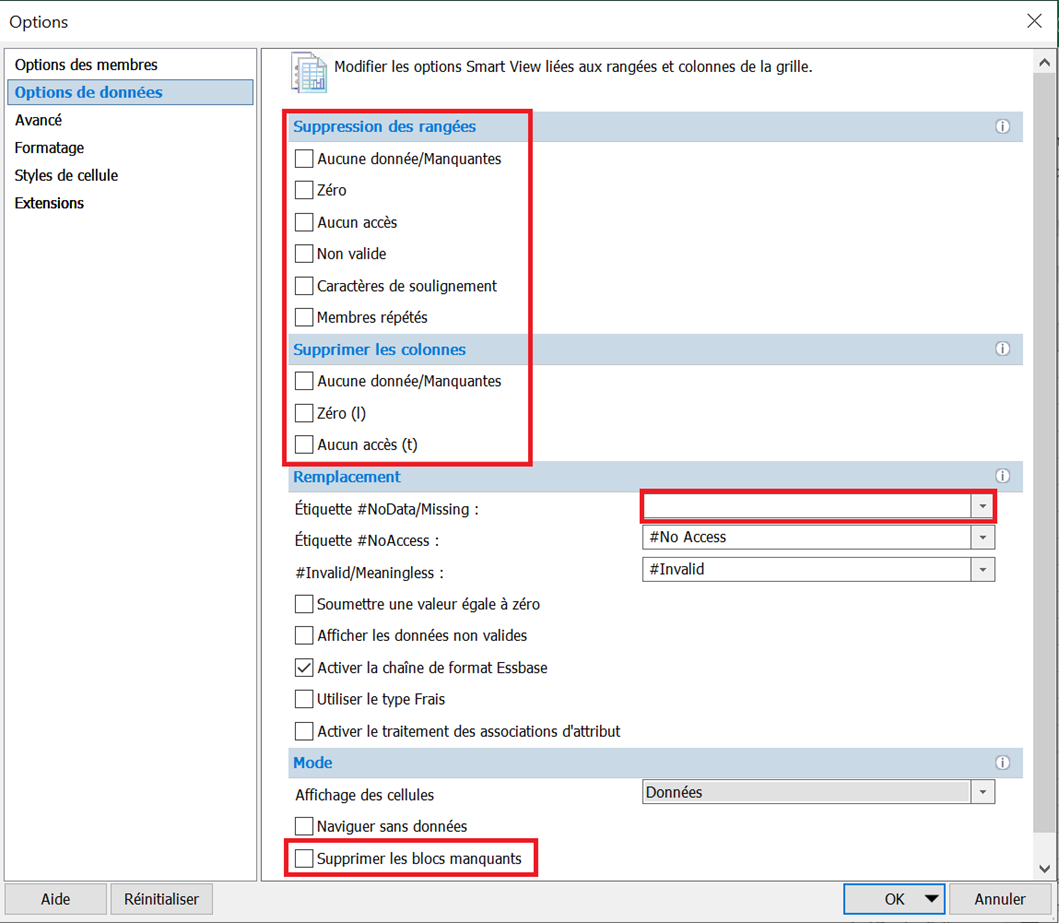 Options Smart View vider les cases à cocher pour supprimer les lignes et les colonnes,
              aucune donnée/étiquette manquante et supprimer les blocs manquants